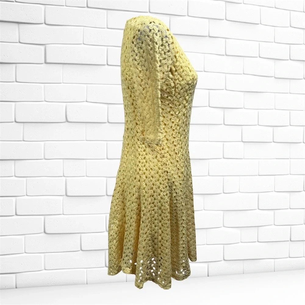Rabbit Rabbit Rabbit Designs Yellow Crochet Lace Fit and Flare Dress‎ 3/4 Sleeve